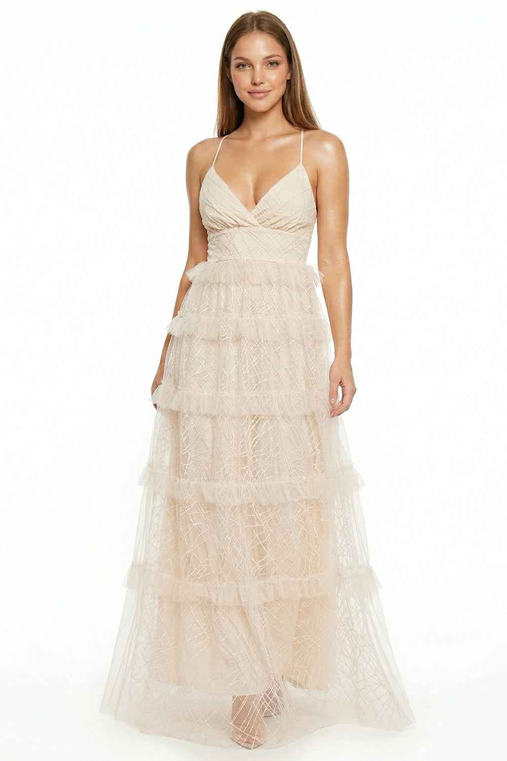 Geo Print Mesh Layered Prom Dress