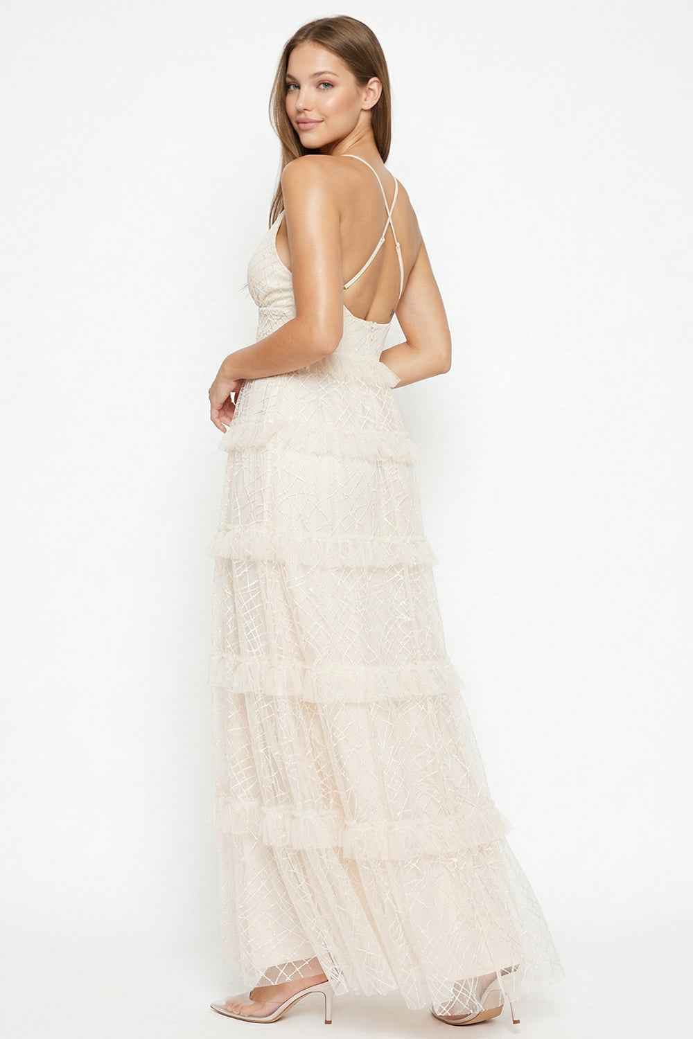 Geo Print Mesh Layered Prom Dress