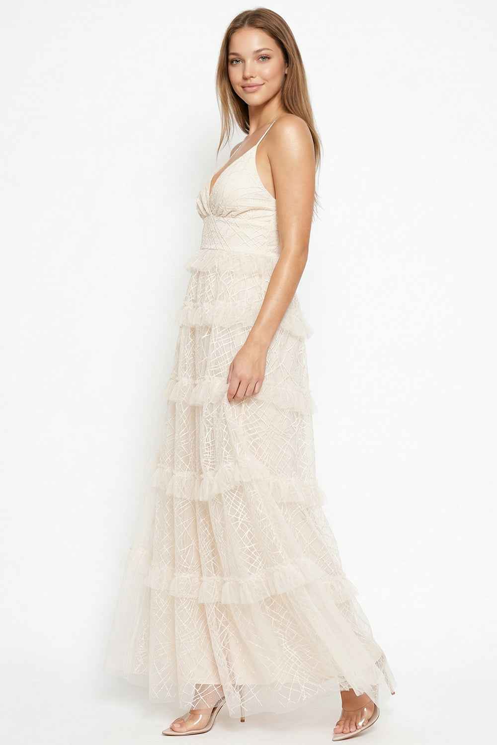 Geo Print Mesh Layered Prom Dress
