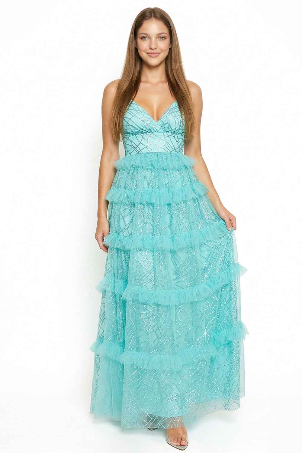 Geo Print Mesh Layered Prom Dress