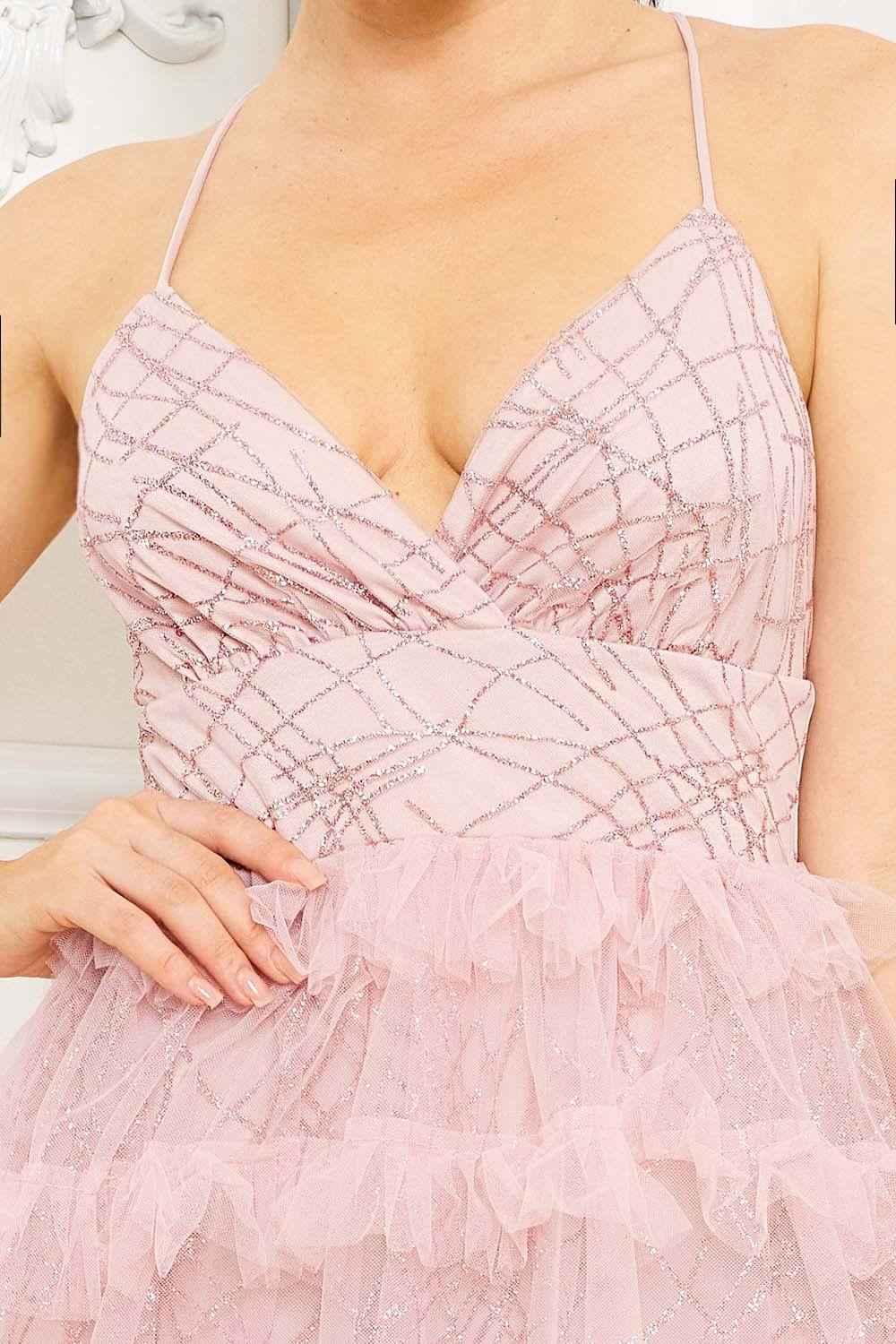 Geo Print Mesh Layered Prom Dress