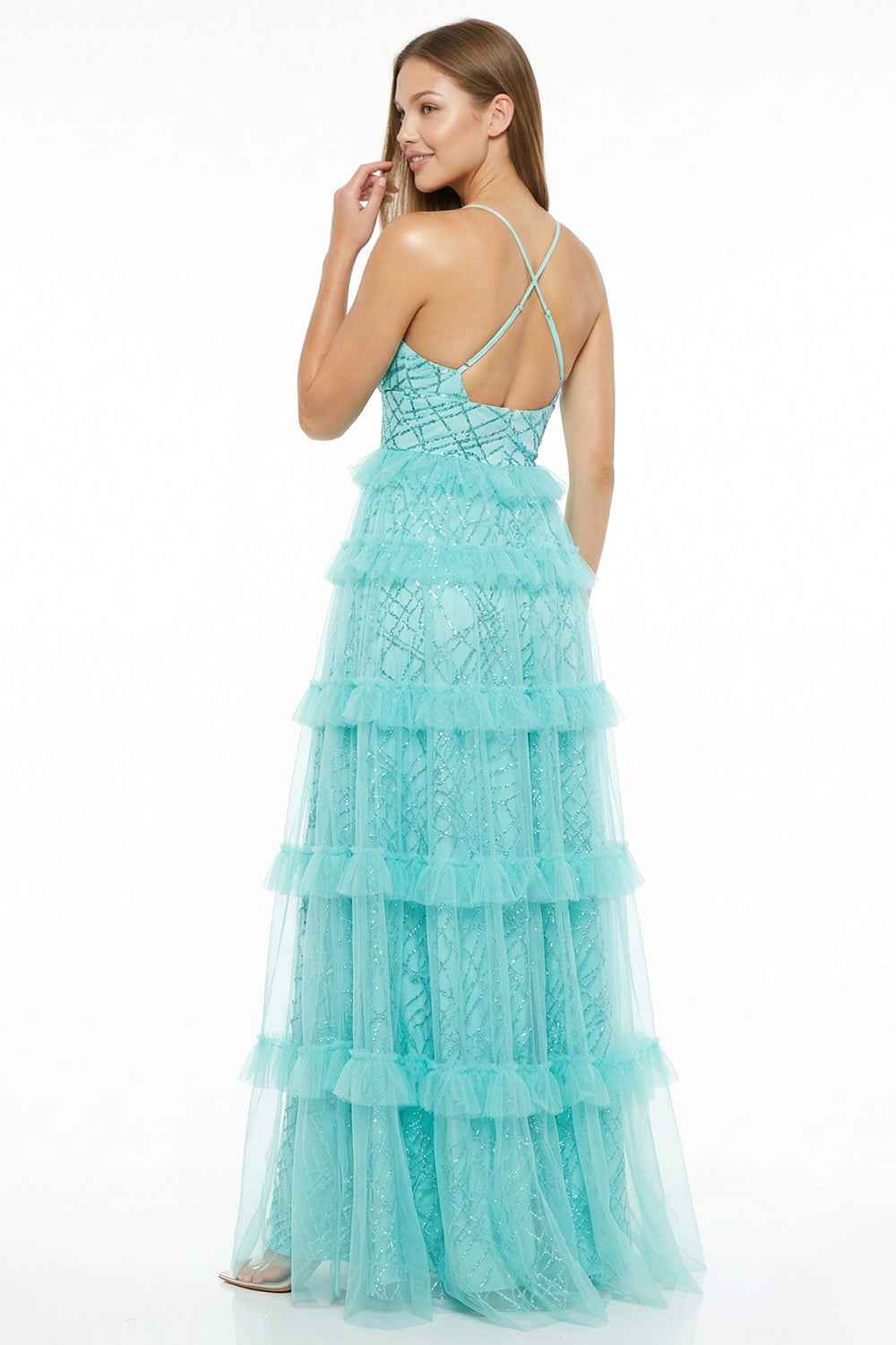 Geo Print Mesh Layered Prom Dress