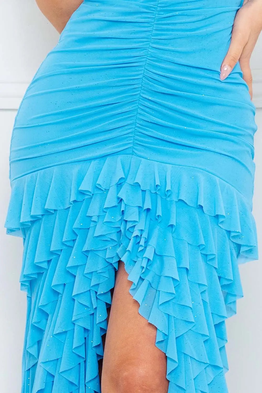 Layered Ruffle Maxi Dress - High Low Evening Gown With Adjustable Straps BOUTINIE