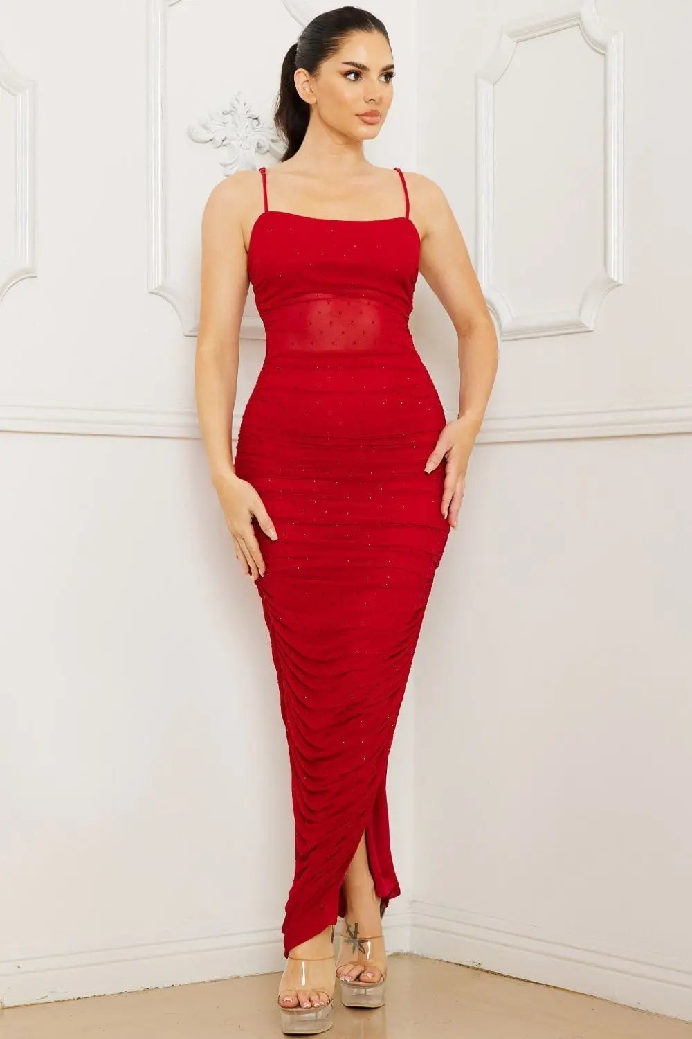 Rhinestone Maxi Dress | Mesh Waist Adjustable Strap Design BOUTINIE