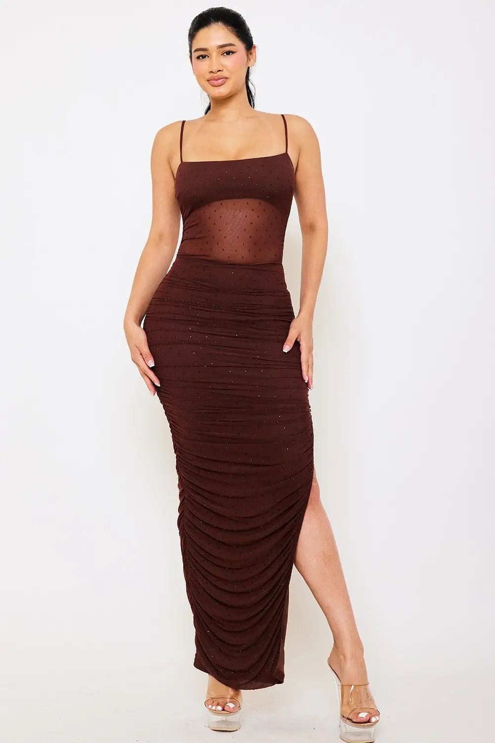 Rhinestone Maxi Dress | Mesh Waist Adjustable Strap Design BOUTINIE