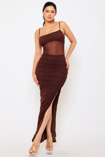 Chocolate brown mesh midi dress with spaghetti straps, rhinestone embellishments, and a ruched side-slit skirt.