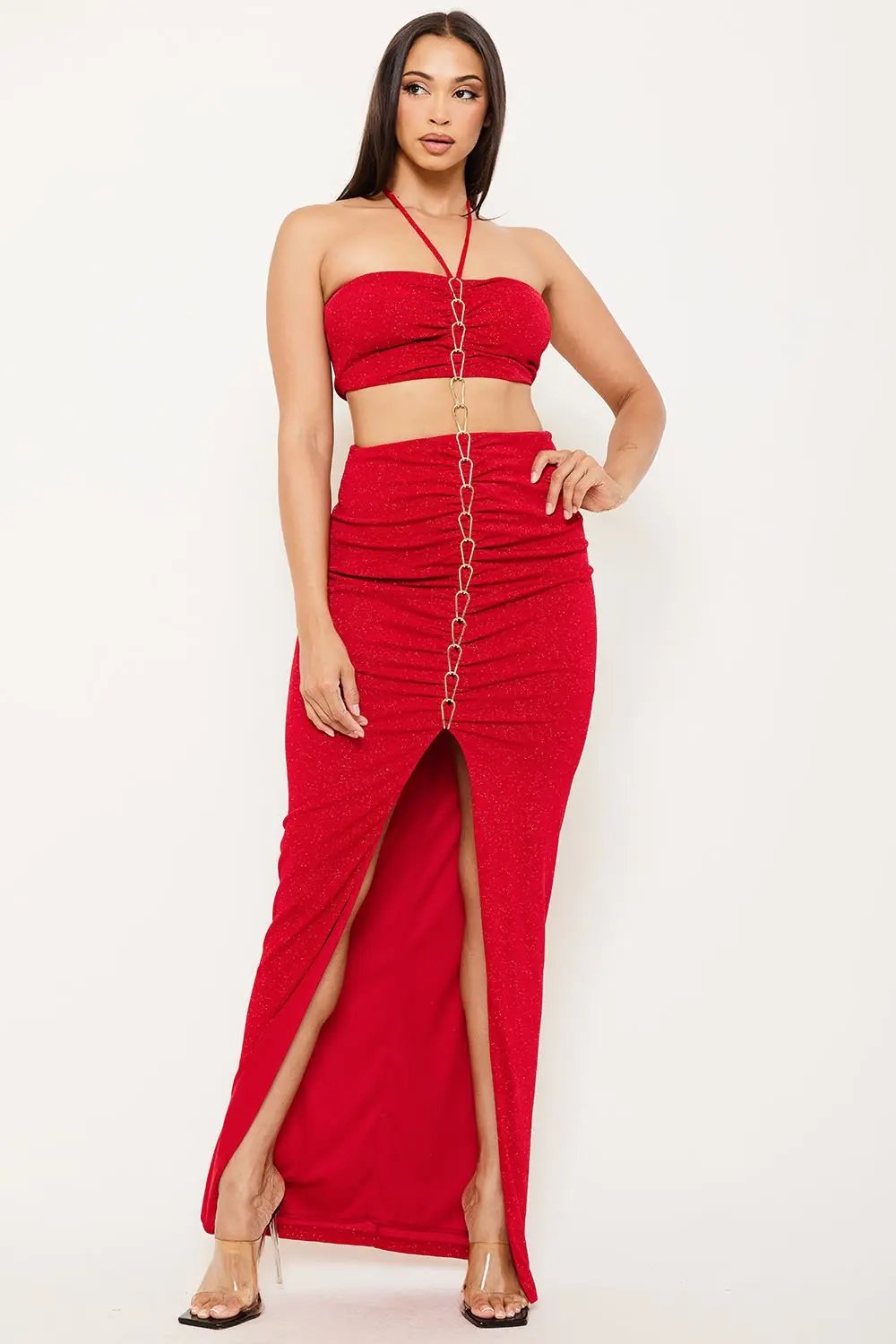 Metal Chain Halter Dress - Two Piece Maxi With Front Slit BOUTINIE