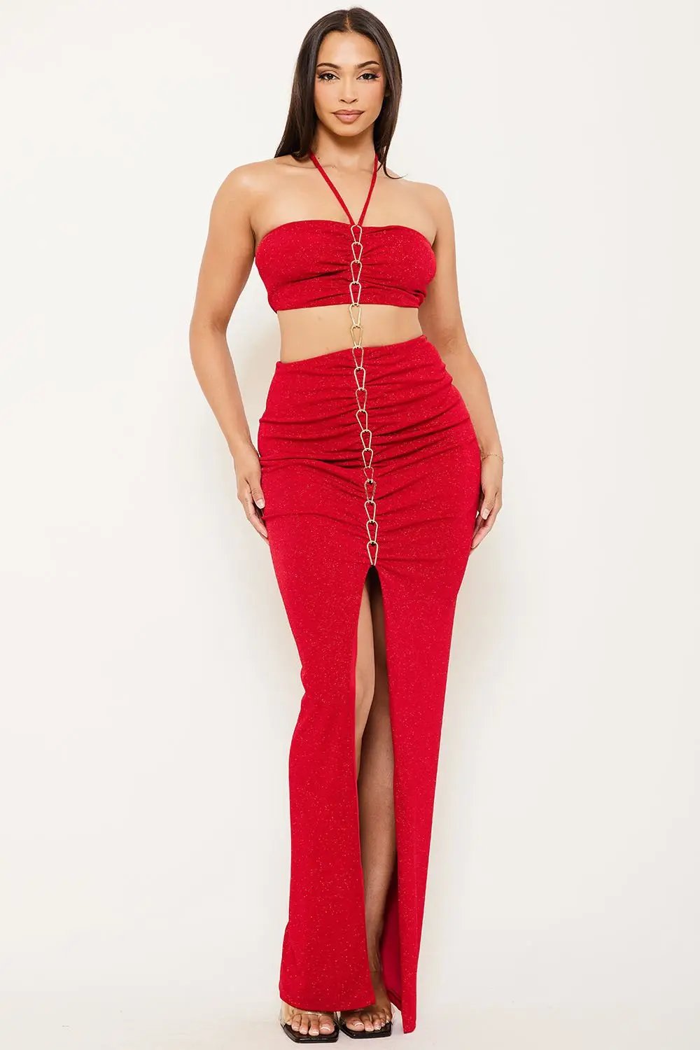 Metal Chain Halter Dress - Two Piece Maxi With Front Slit BOUTINIE