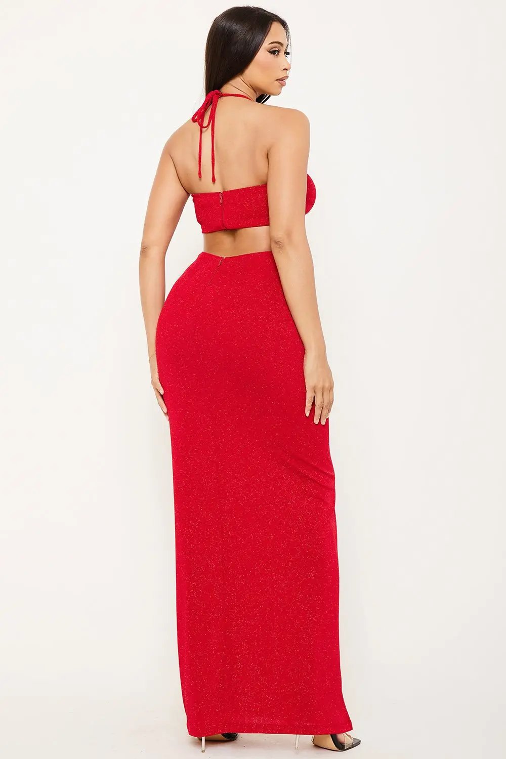 Metal Chain Halter Dress - Two Piece Maxi With Front Slit BOUTINIE