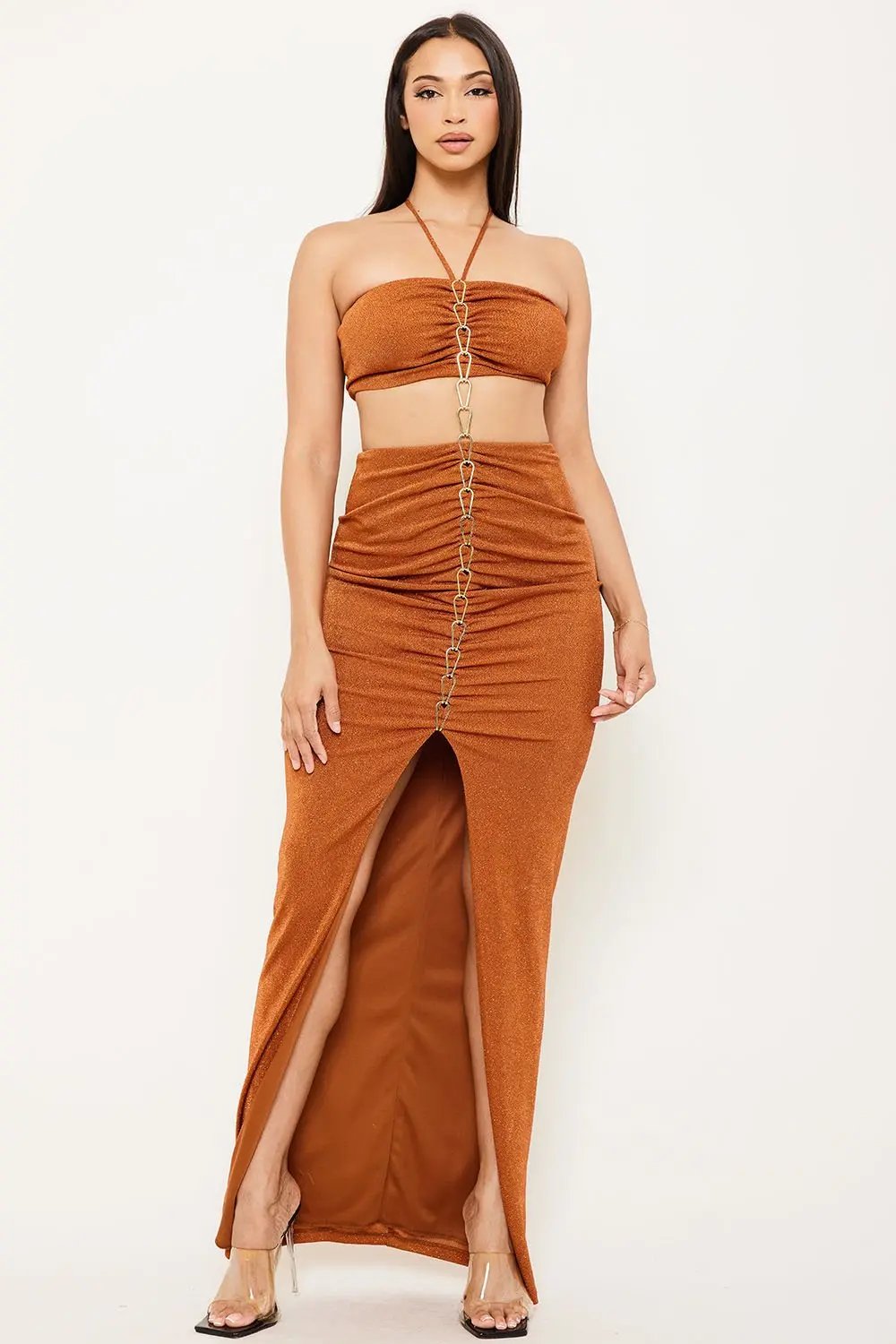 Metal Chain Halter Dress - Two Piece Maxi With Front Slit BOUTINIE