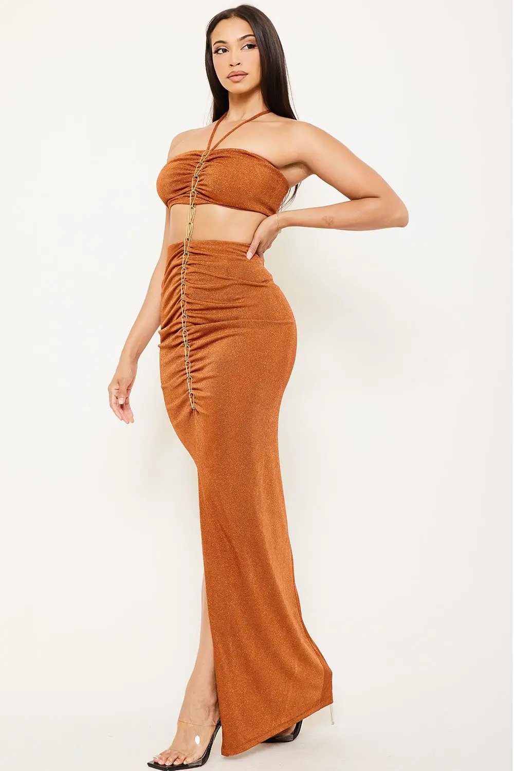 Metal Chain Halter Dress - Two Piece Maxi With Front Slit BOUTINIE
