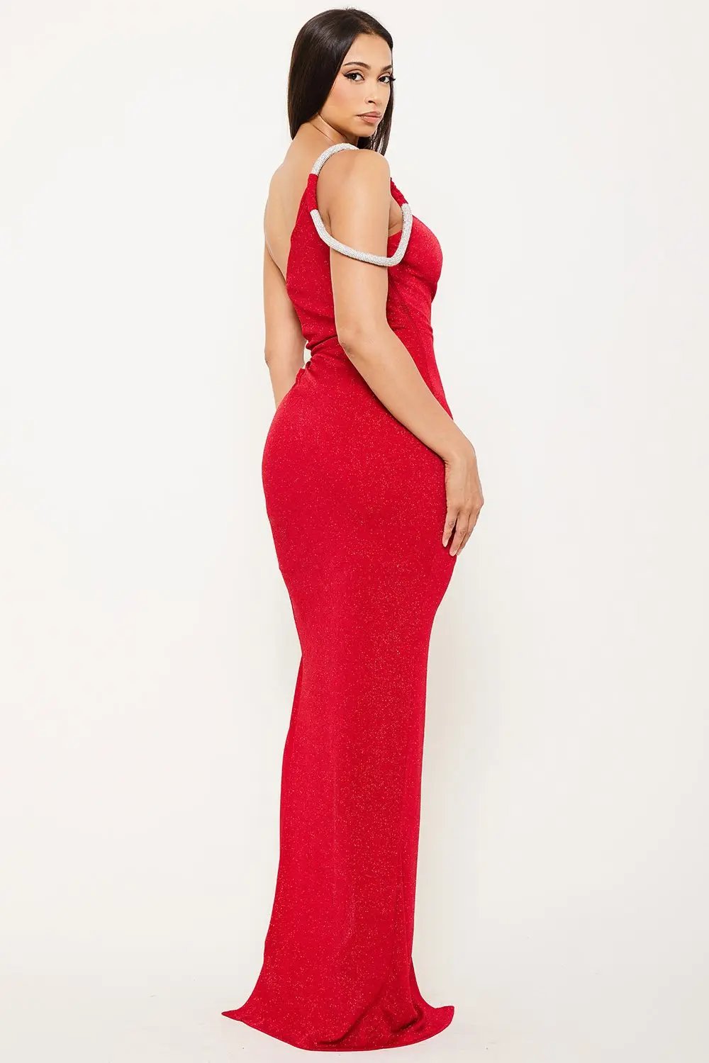 Glittered One Shoulder Dress – Maxi Evening Gown With Rhinestone Loop & Waist Keyhole BOUTINIE