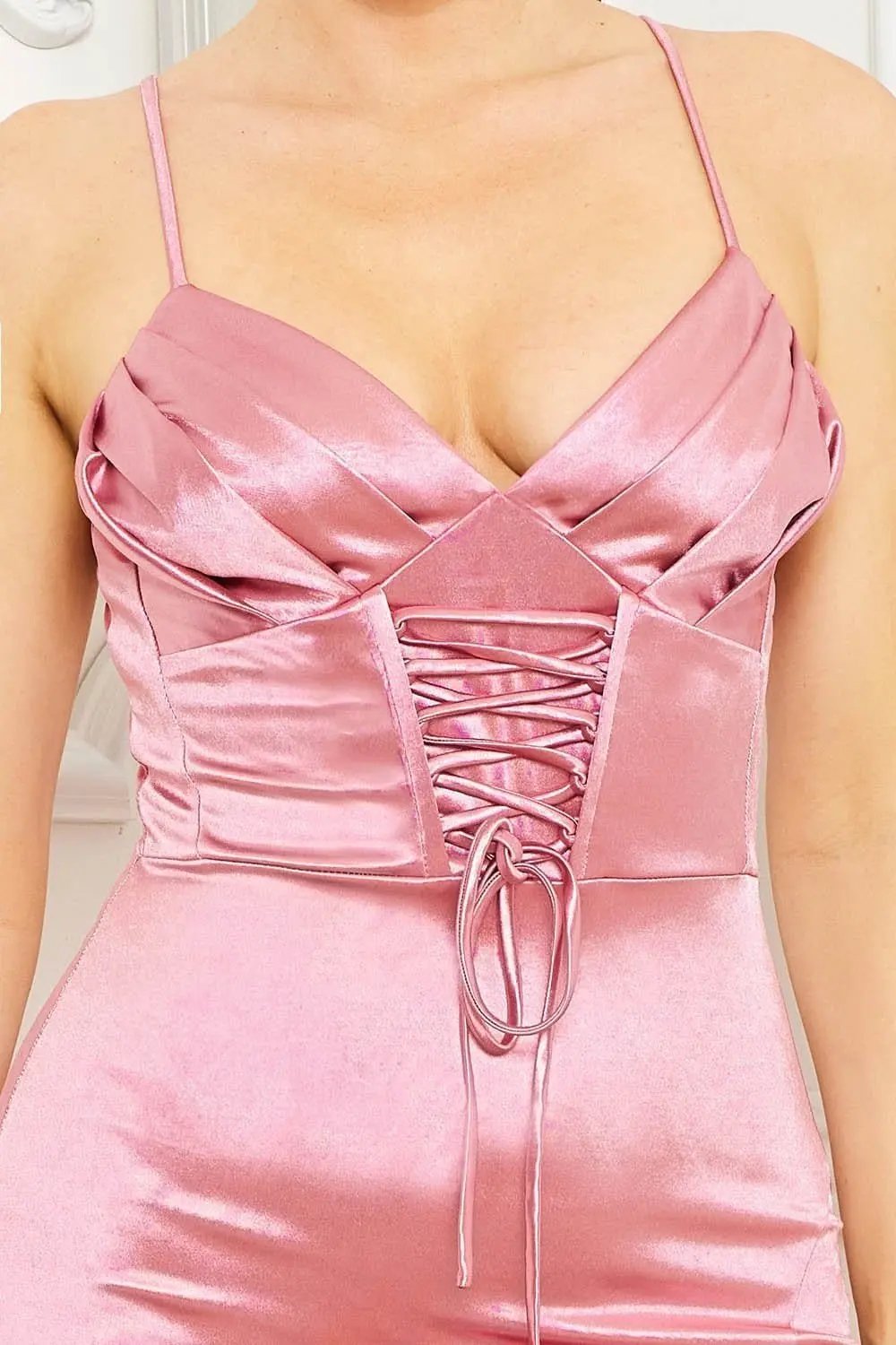 Satin Maxi Dress – Pleated Cami Top With Wrap Skirt & Adjustable Straps BOUTINIE