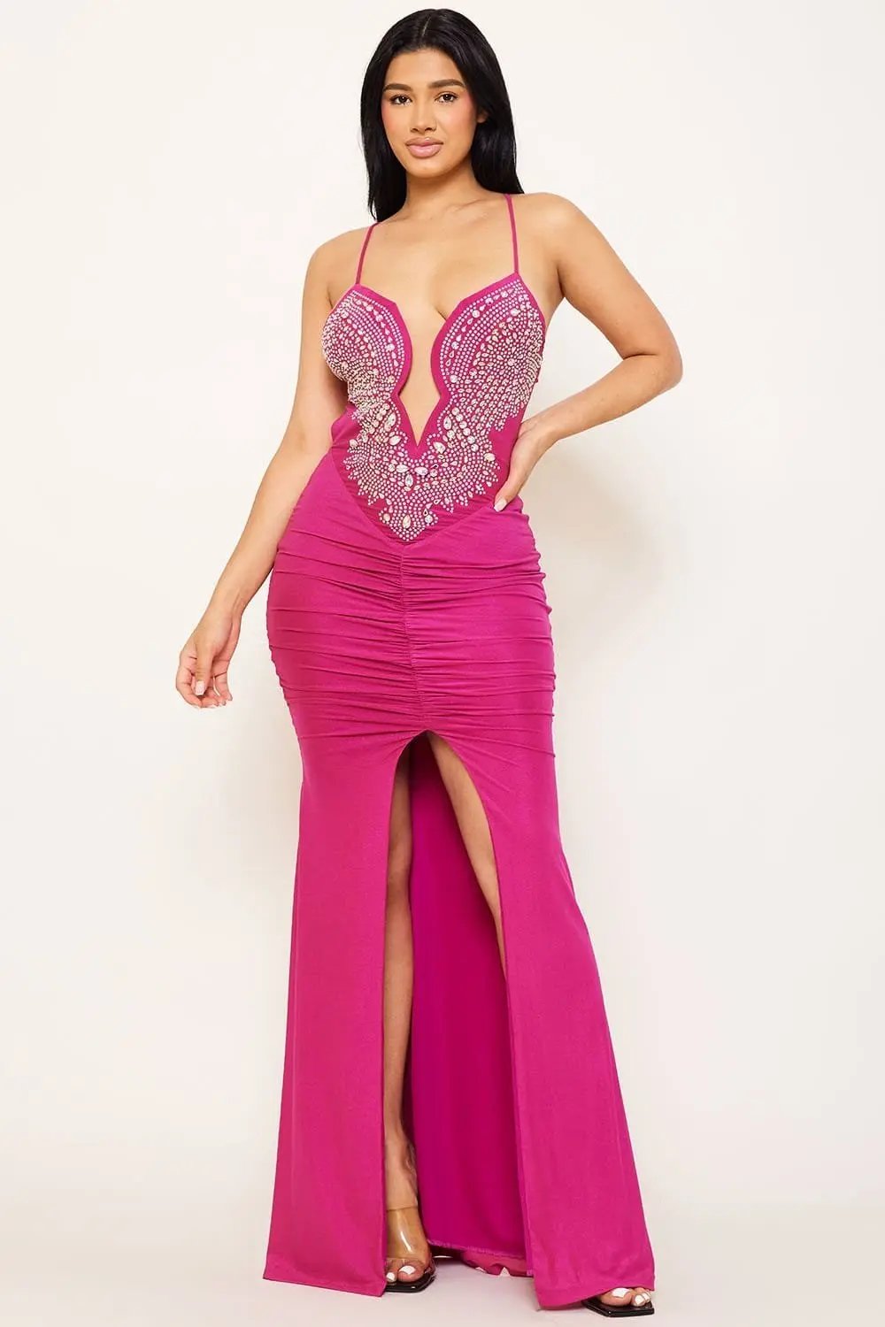 Rhinestone Maxi Dress - Shirring Side Spaghetti Strap Evening Gown BOUTINIE