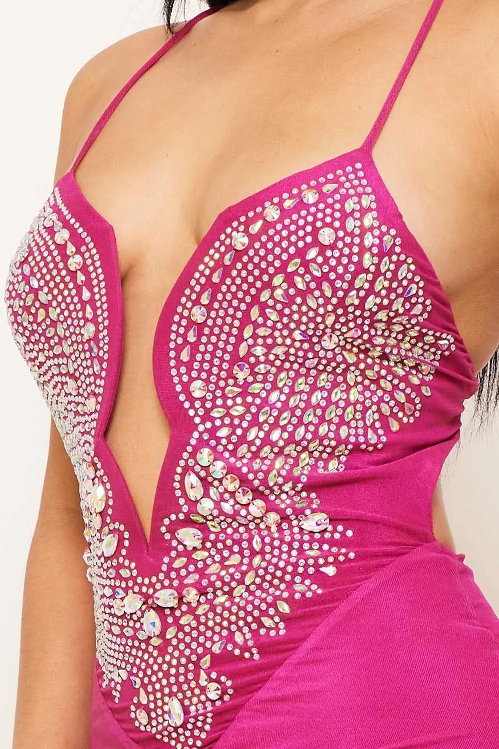 Rhinestone Maxi Dress - Shirring Side Spaghetti Strap Evening Gown BOUTINIE