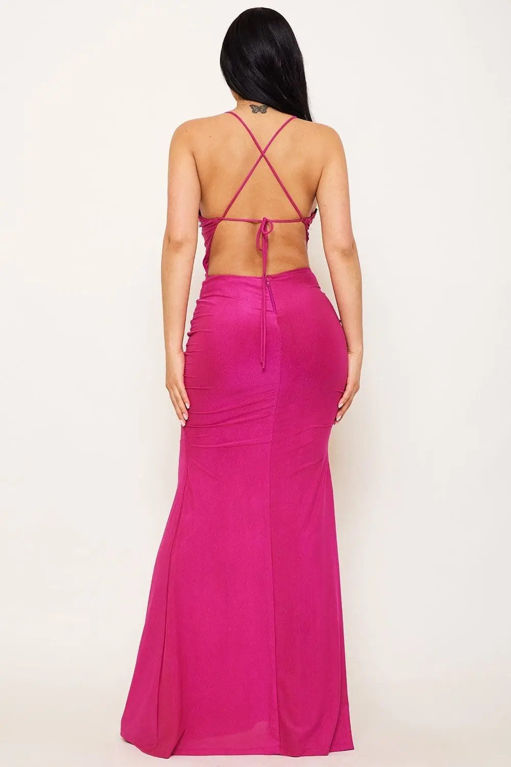 Rhinestone Maxi Dress - Shirring Side Spaghetti Strap Evening Gown BOUTINIE