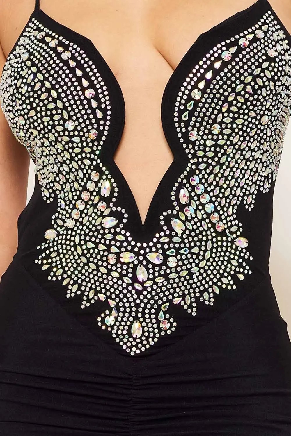 Rhinestone Maxi Dress - Shirring Side Spaghetti Strap Evening Gown BOUTINIE