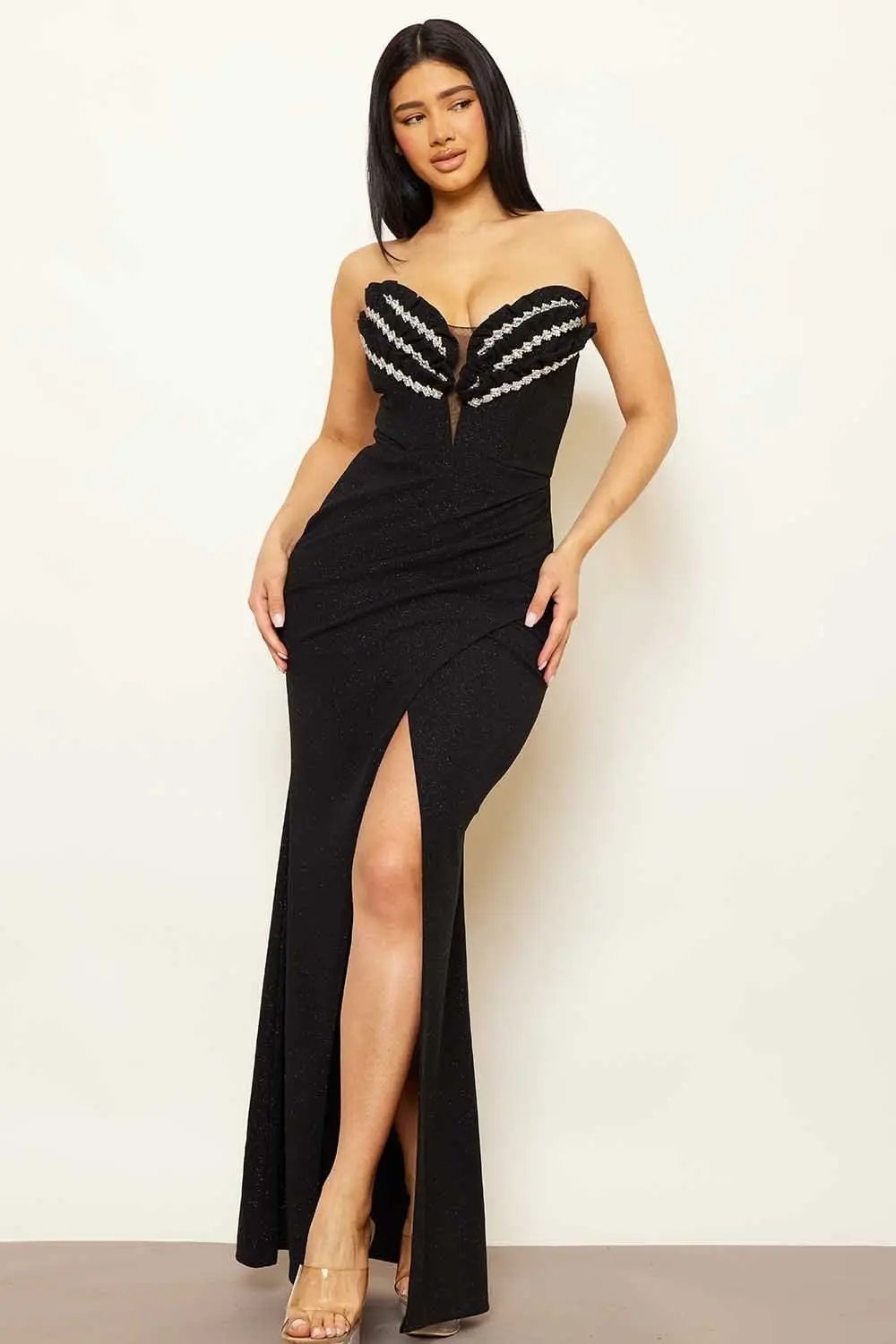 Glittered Rhinestone Maxi Dress – Sweetheart Neckline, Pleated Side BOUTINIE
