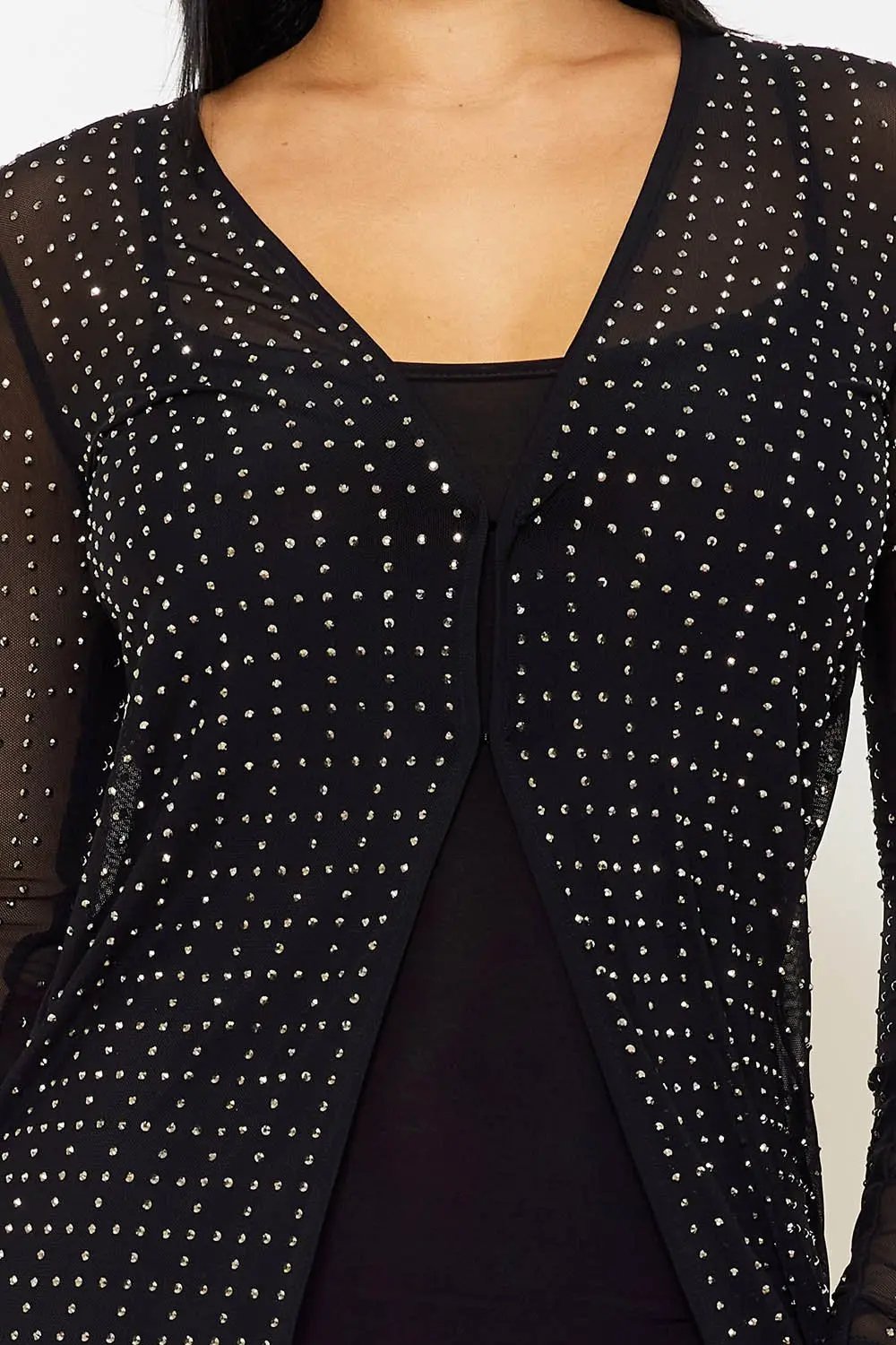 Mesh Sheer Cardigan – Rhinestone Square Pattern Jacket With Hook Closure BOUTINIE