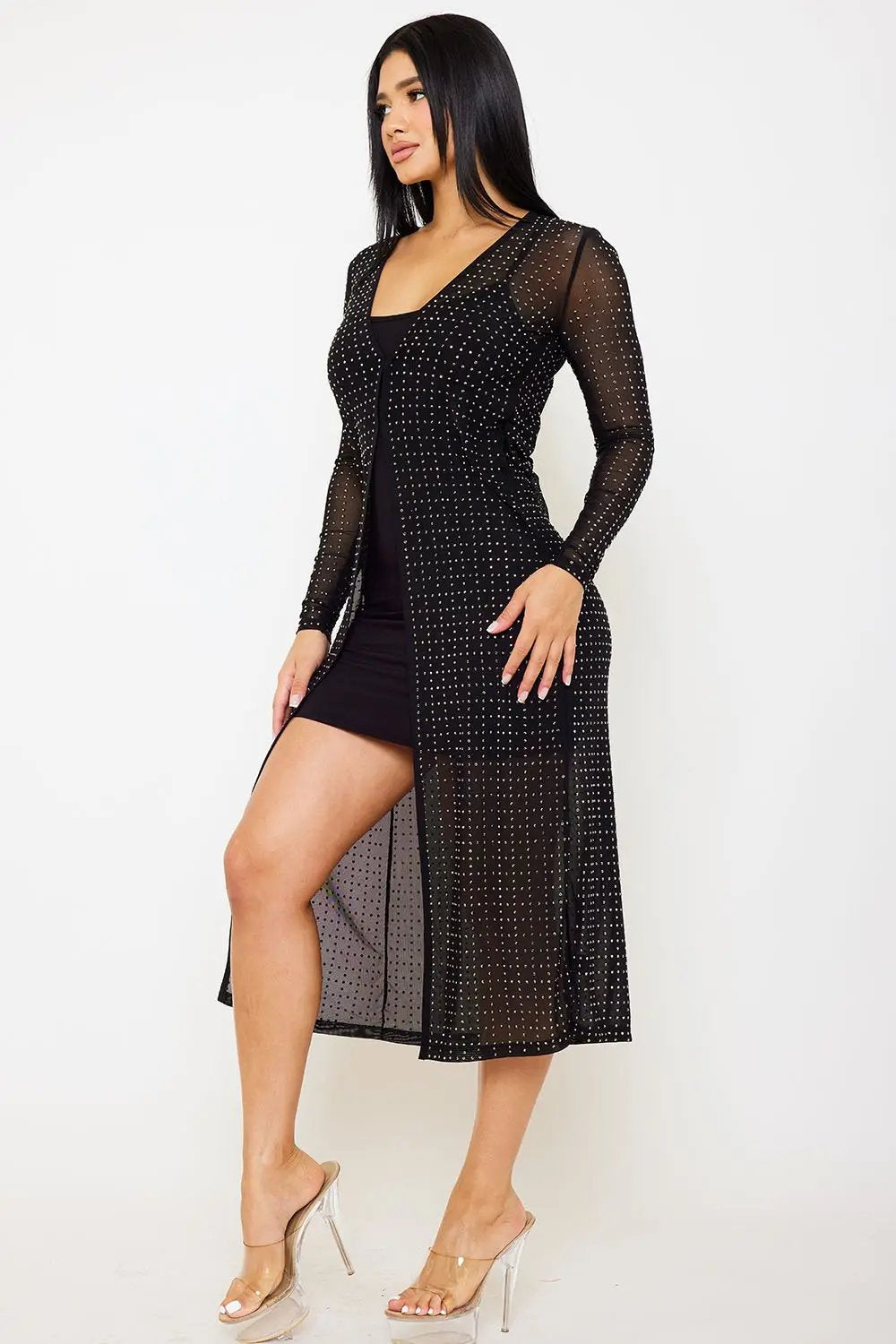 Mesh Sheer Cardigan – Rhinestone Square Pattern Jacket With Hook Closure BOUTINIE