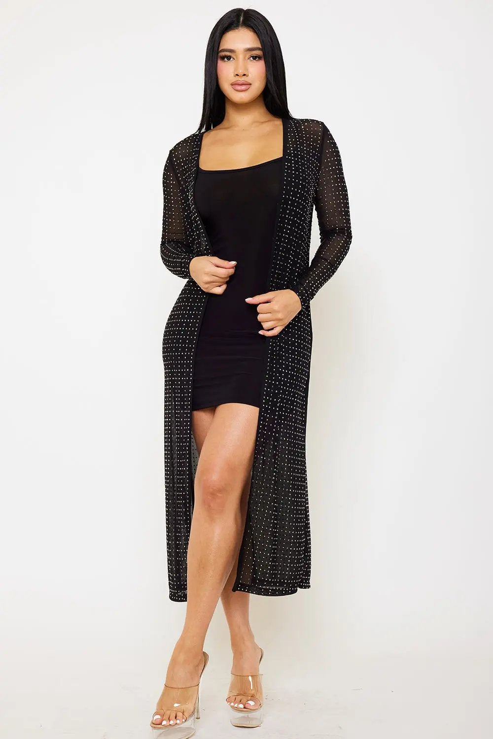 Mesh Sheer Cardigan – Rhinestone Square Pattern Jacket With Hook Closure BOUTINIE