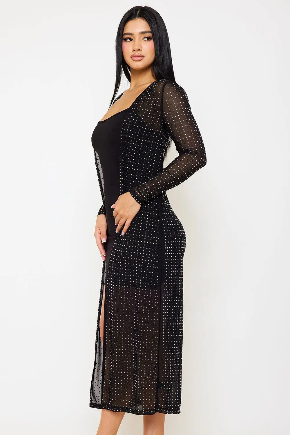 Mesh Sheer Cardigan – Rhinestone Square Pattern Jacket With Hook Closure BOUTINIE