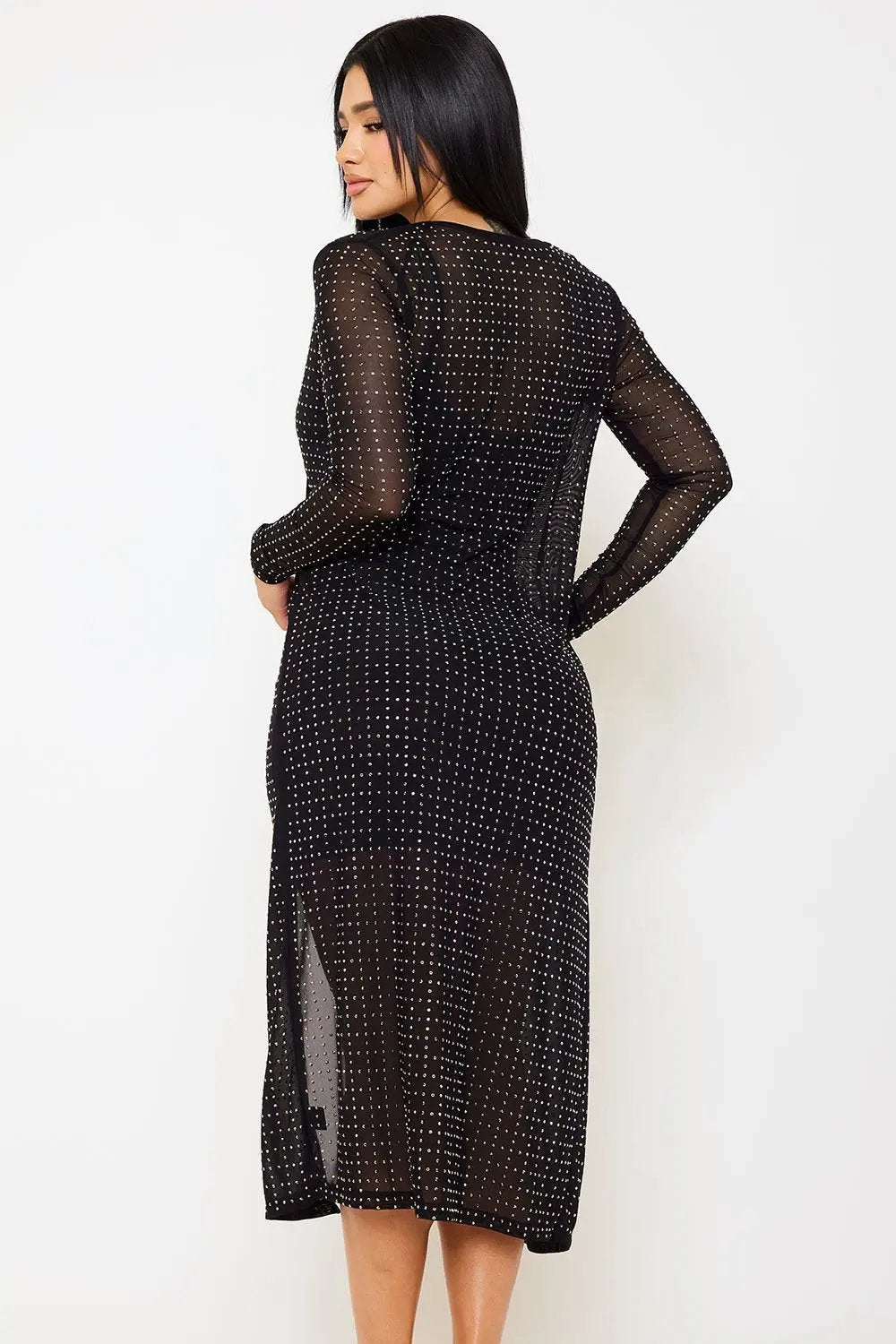 Mesh Sheer Cardigan – Rhinestone Square Pattern Jacket With Hook Closure BOUTINIE