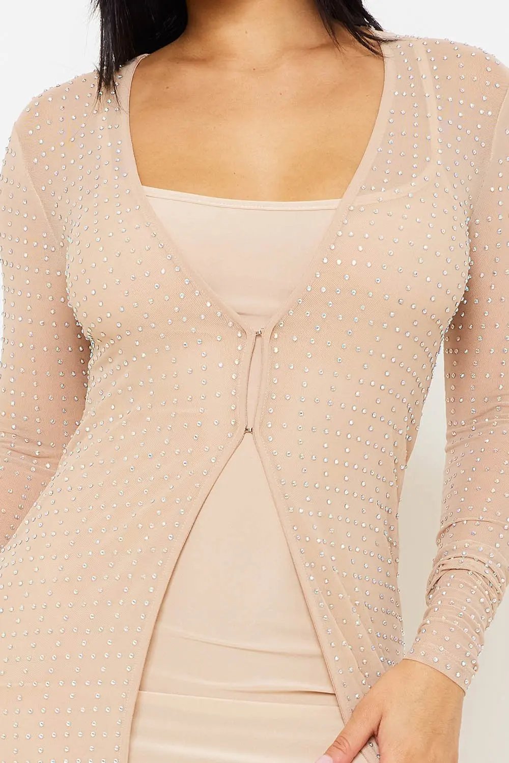 Mesh Sheer Cardigan – Rhinestone Square Pattern Jacket With Hook Closure BOUTINIE