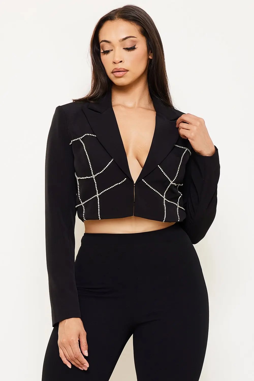 Rhinestone Crop Jacket – Stylish Women's Cropped Blazer With Long Sleeves BOUTINIE