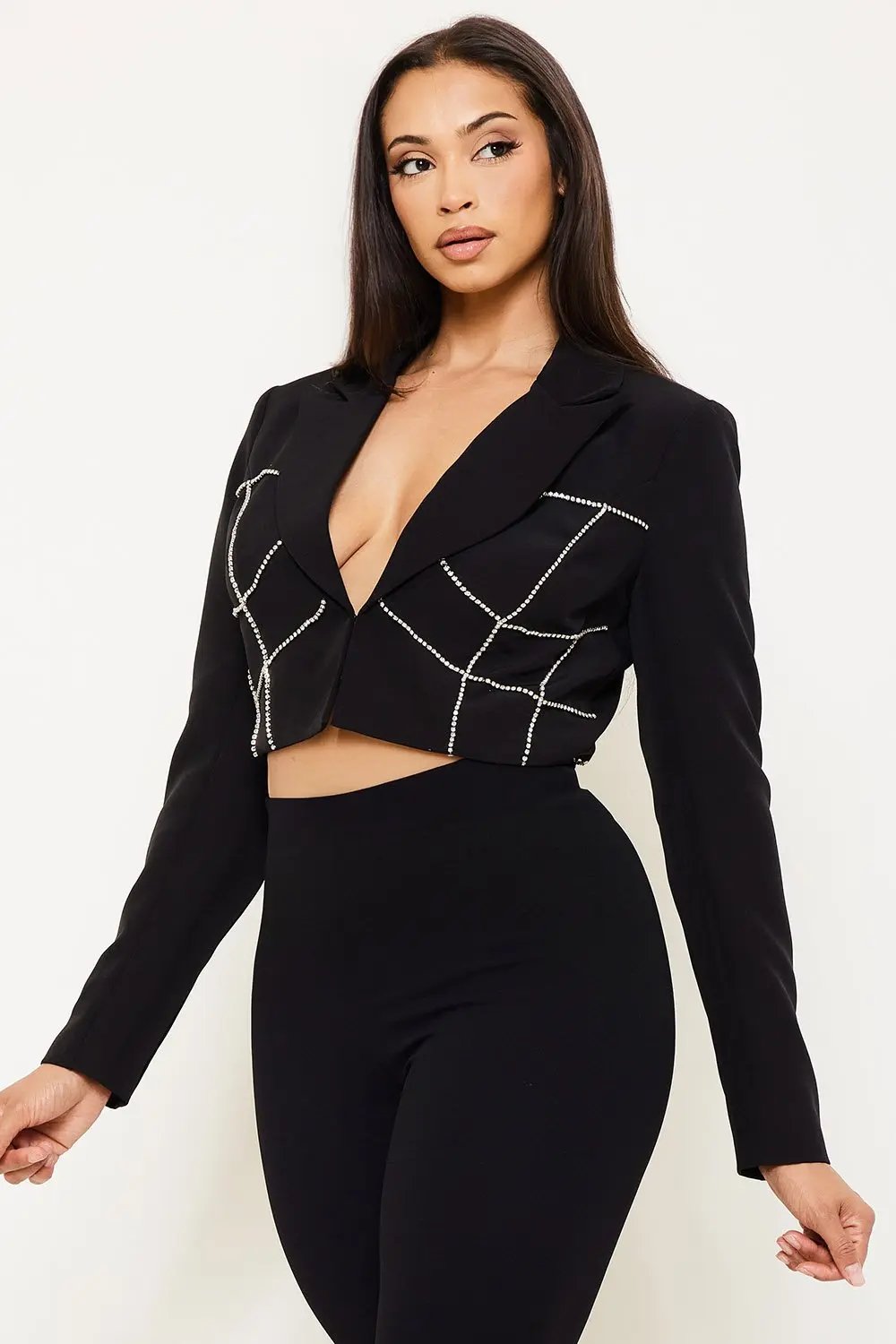 Rhinestone Crop Jacket – Stylish Women's Cropped Blazer With Long Sleeves BOUTINIE