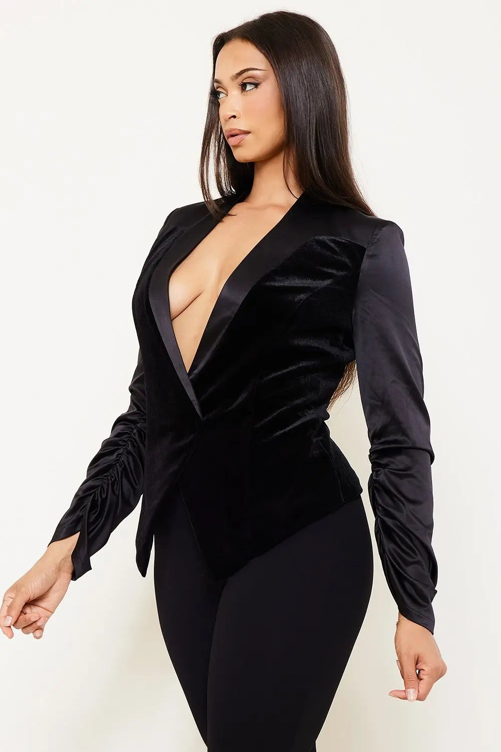 Satin Stretch Suit Jacket - Velvet Paneled Button Front Blazer BOUTINIE