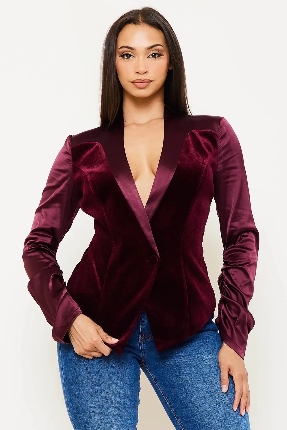 Satin Stretch Suit Jacket - Velvet Paneled Button Front Blazer BOUTINIE