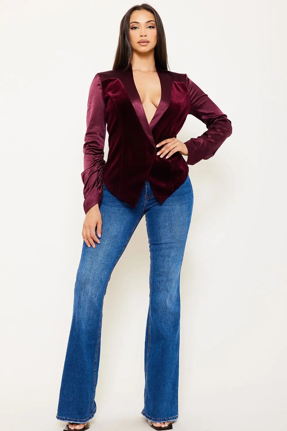 Satin Stretch Suit Jacket - Velvet Paneled Button Front Blazer BOUTINIE