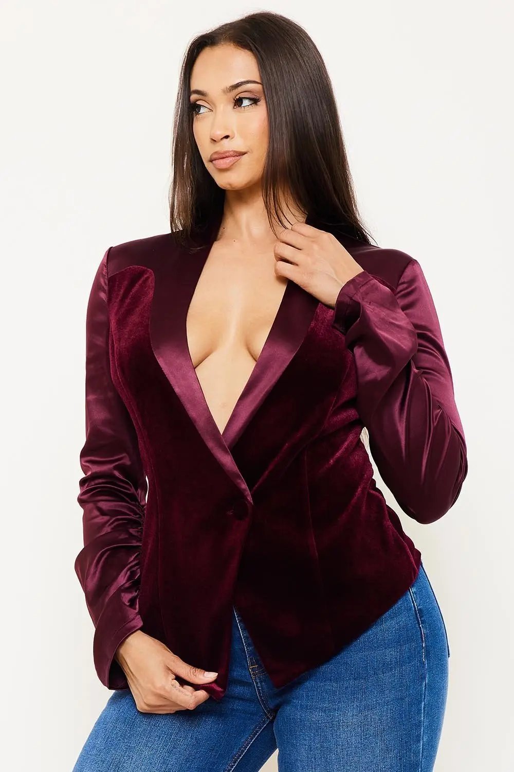 Satin Stretch Suit Jacket - Velvet Paneled Button Front Blazer BOUTINIE