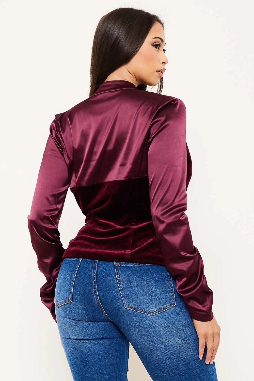 Satin Stretch Suit Jacket - Velvet Paneled Button Front Blazer BOUTINIE