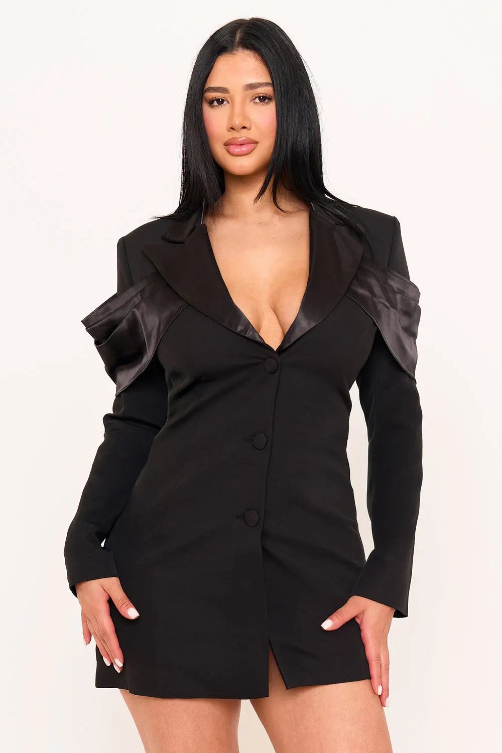 Satin Crepe Mini Dress – Contrast Suit With Button Closure BOUTINIE