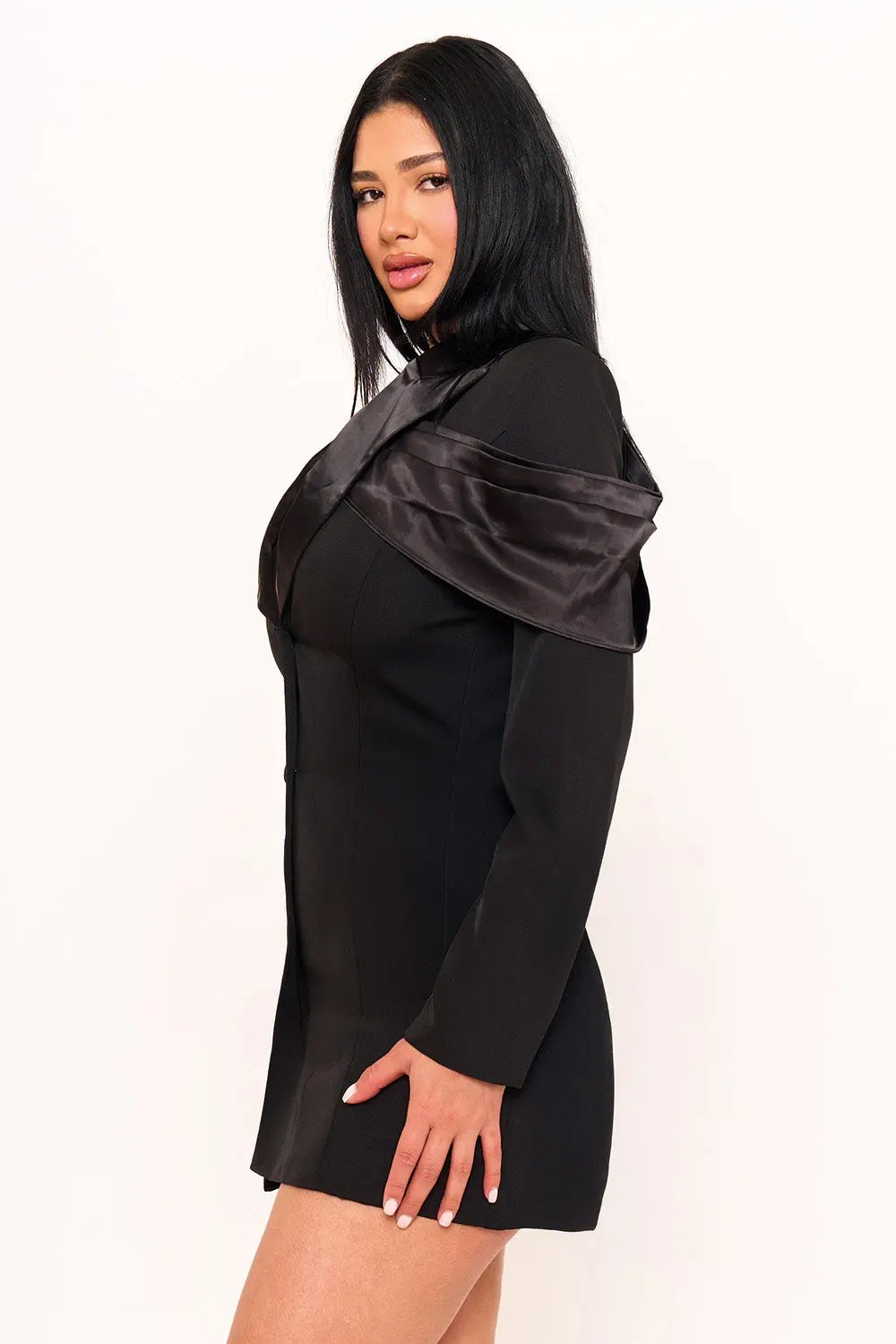 Satin Crepe Mini Dress – Contrast Suit With Button Closure BOUTINIE