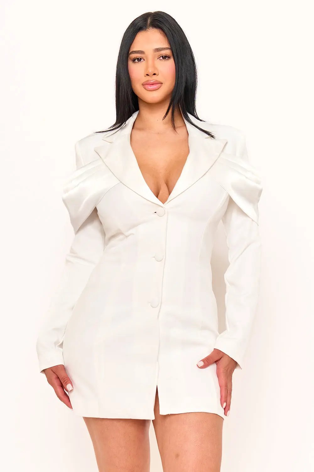 Satin Crepe Mini Dress – Contrast Suit With Button Closure BOUTINIE