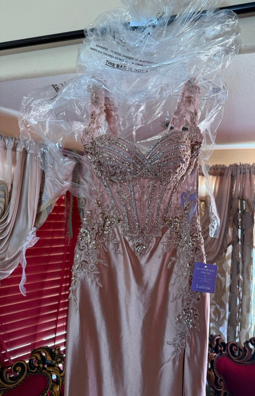 Applique Satin Sleeveless Slit Gown by Ladivine CD775 Cinderella Divine