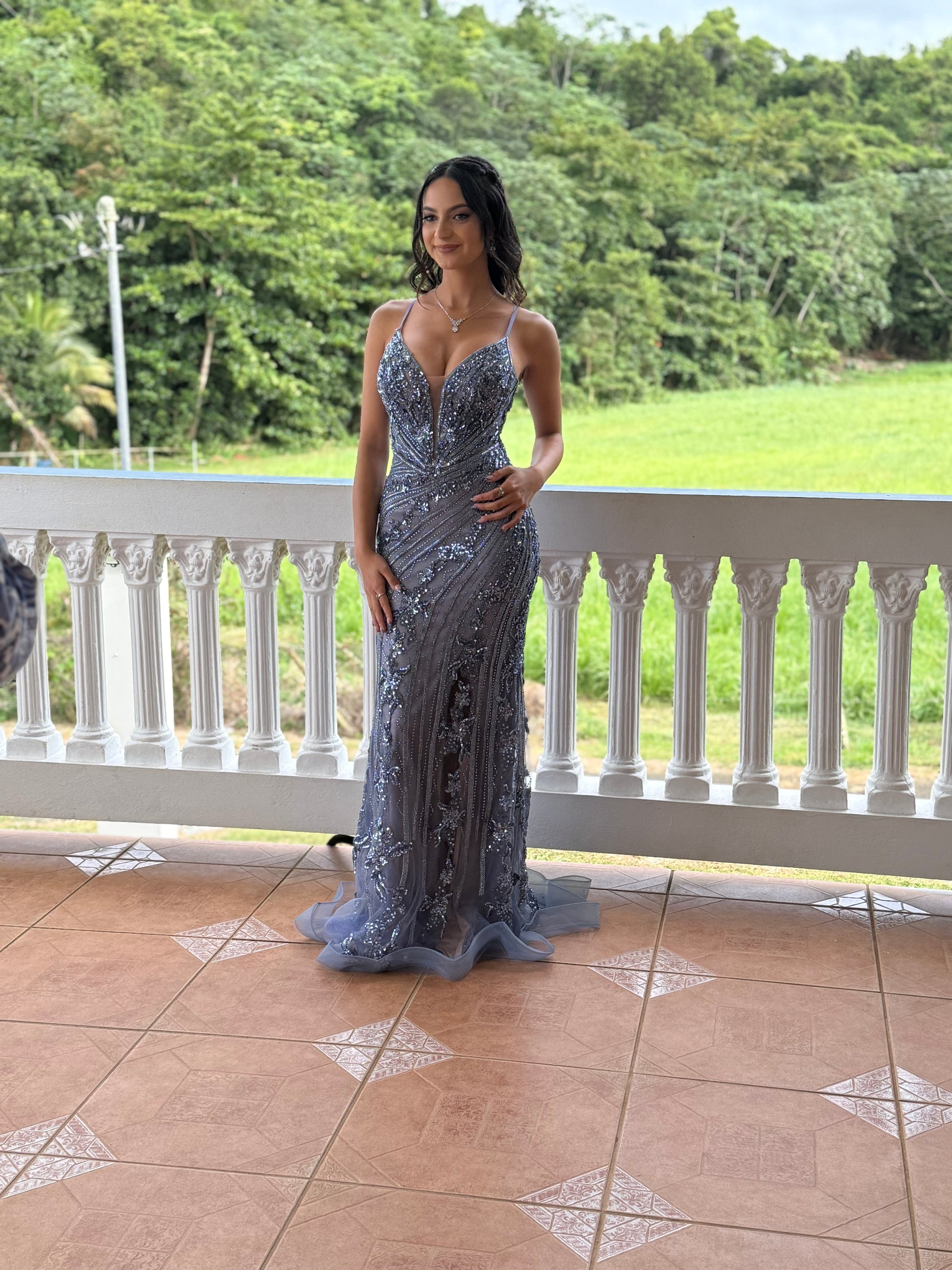 Beaded Fitted V-Neck Sheer Gown by Ladivine CC0389 Cinderella Divine