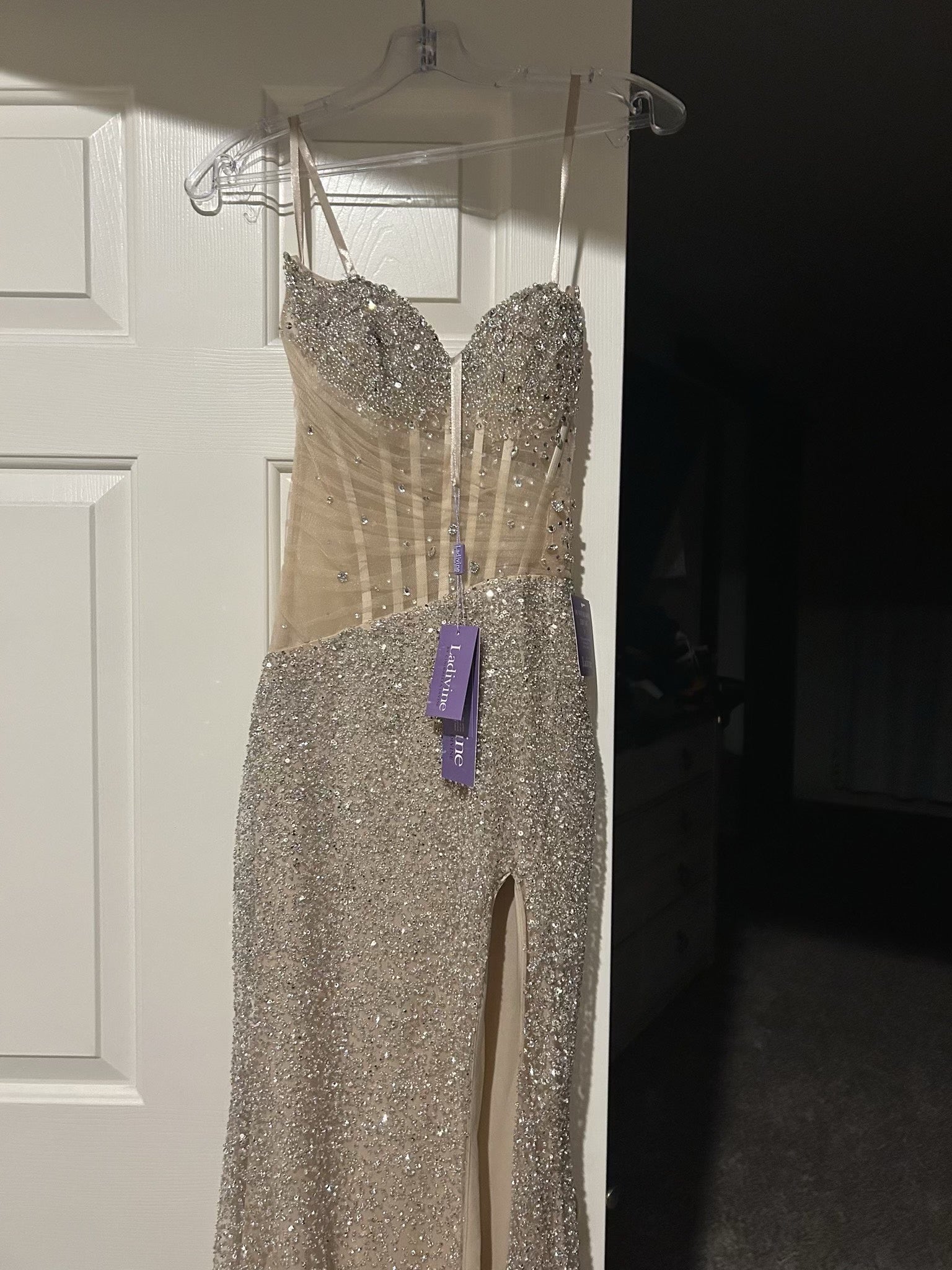 Beaded Fitted Strapless Slit Gown by Ladivine CD404