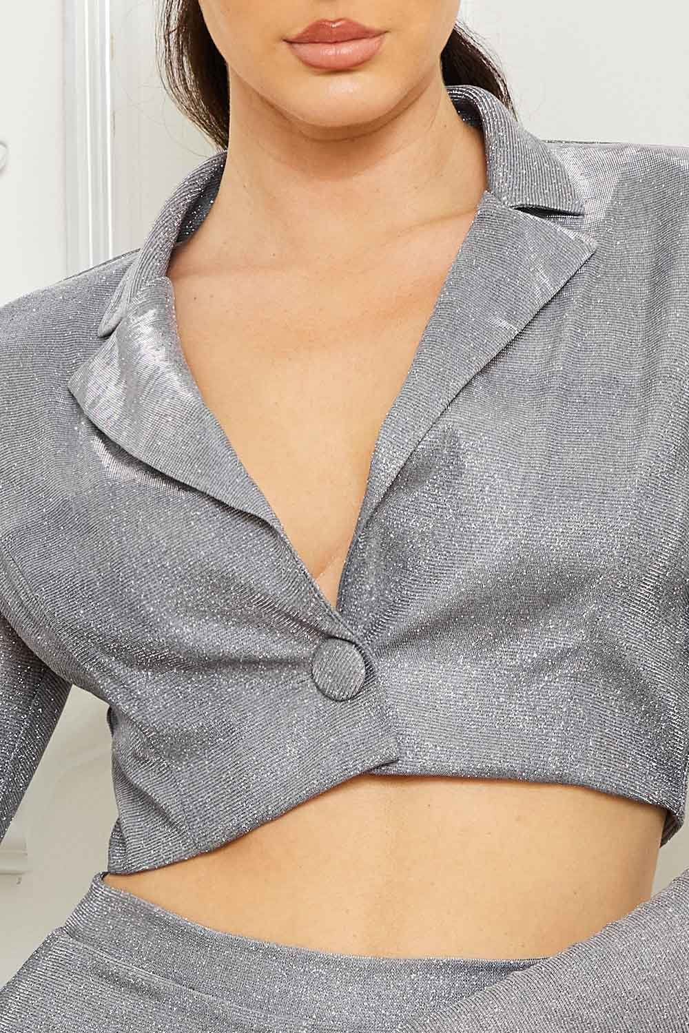 Glittered Fabric Suit - Women's Two Piece Outfit With Collared V Neck Top & Wide Leg Pants BOUTINIE