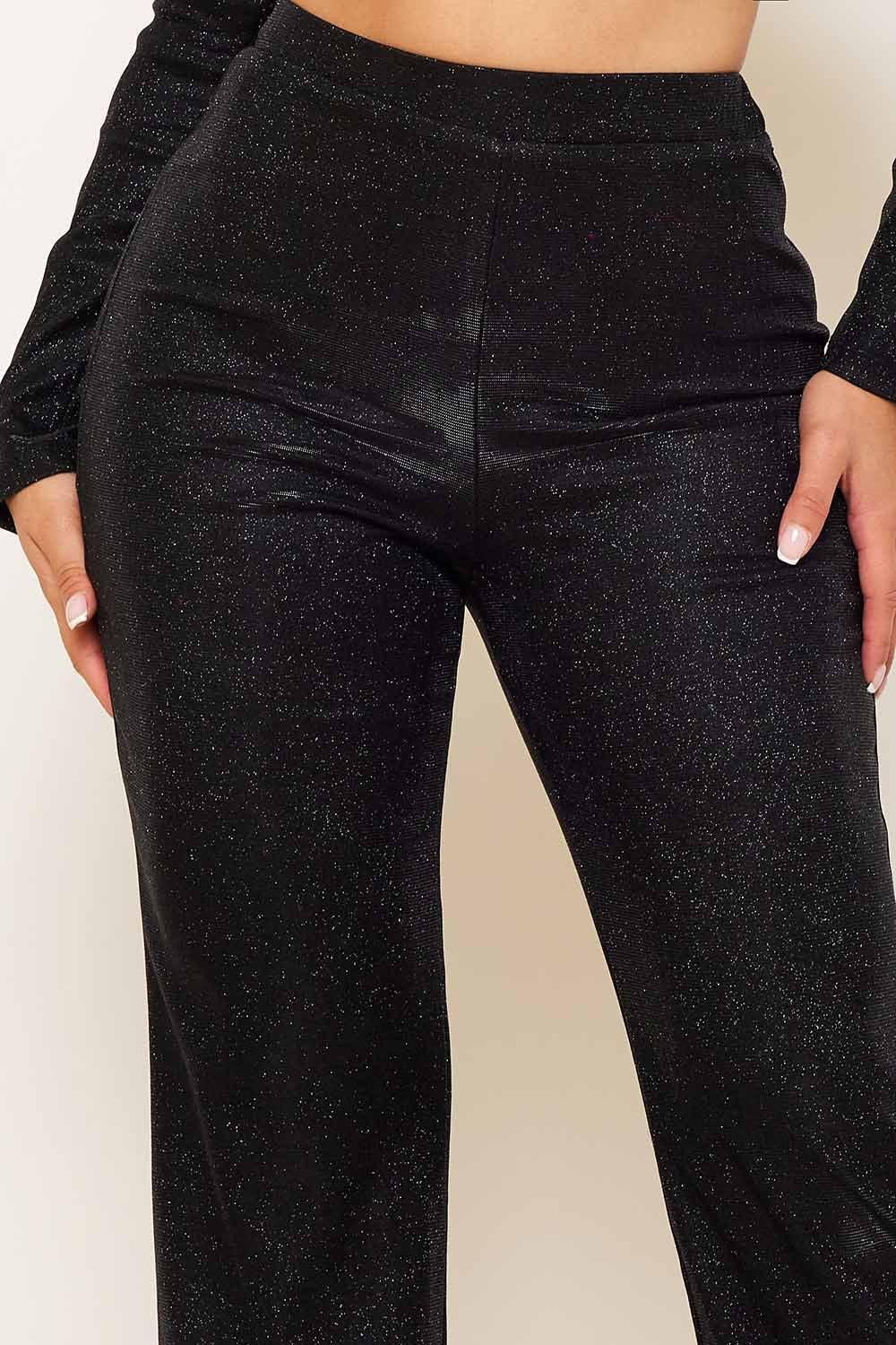 Glittered Fabric Suit - Women's Two Piece Outfit With Collared V Neck Top & Wide Leg Pants BOUTINIE