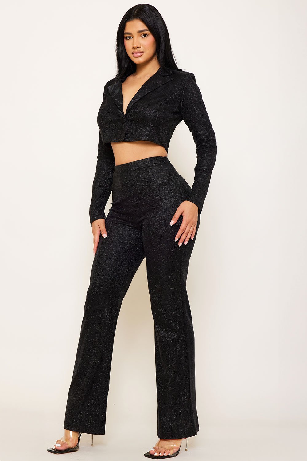 Glittered Fabric Suit - Women's Two Piece Outfit With Collared V Neck Top & Wide Leg Pants BOUTINIE
