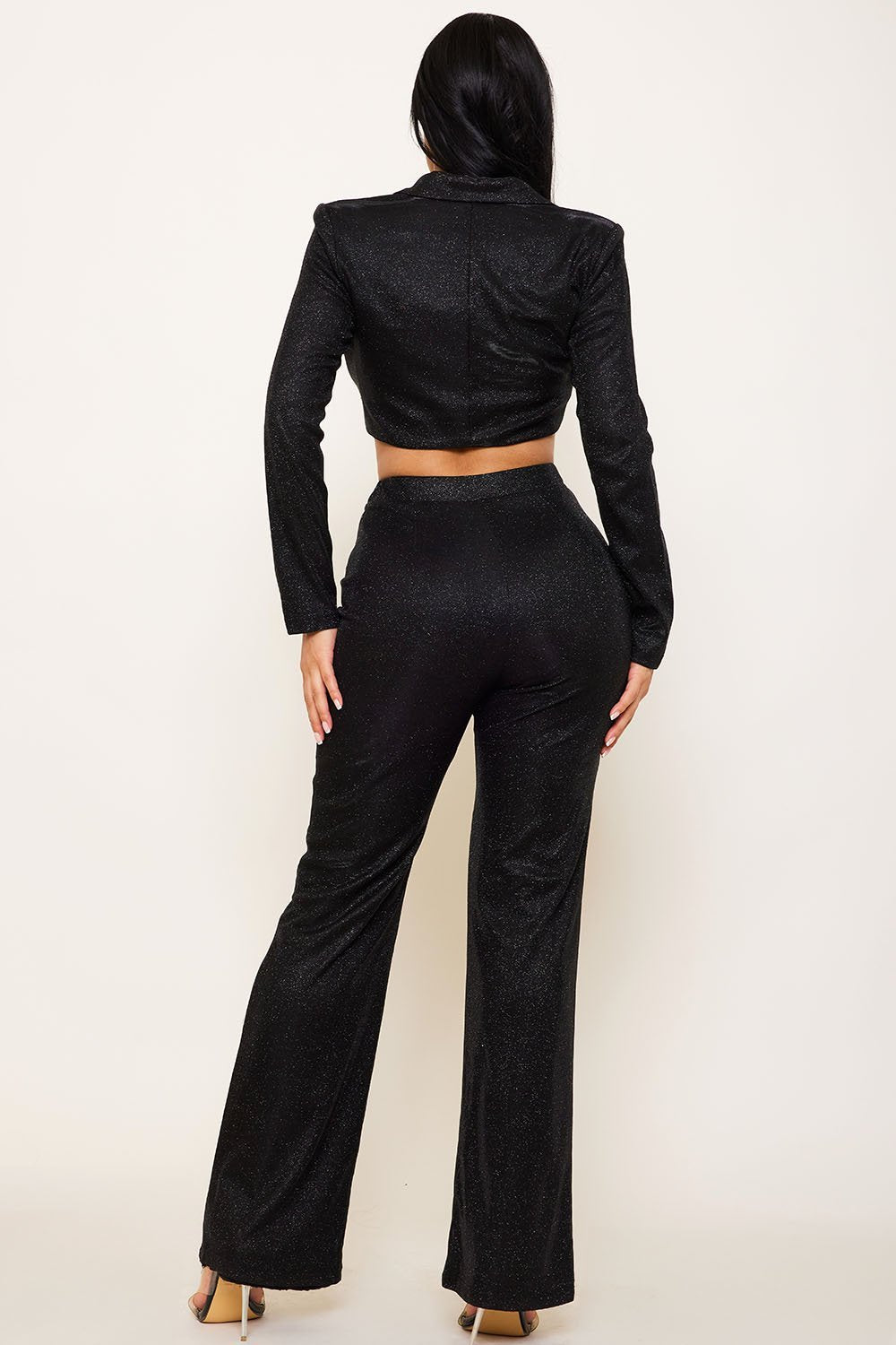 Glittered Fabric Suit - Women's Two Piece Outfit With Collared V Neck Top & Wide Leg Pants BOUTINIE