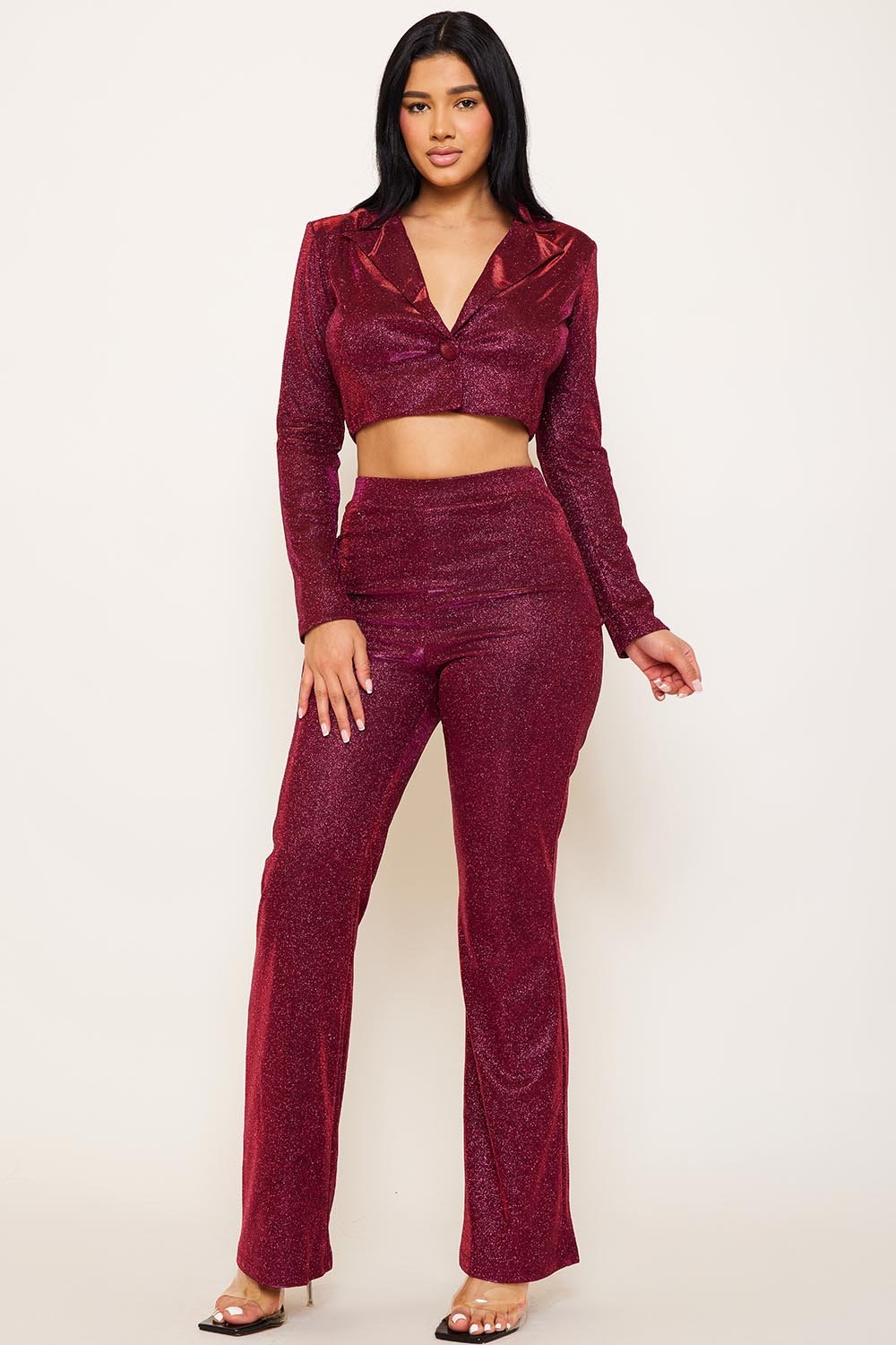 Glittered Fabric Suit - Women's Two Piece Outfit With Collared V Neck Top & Wide Leg Pants BOUTINIE