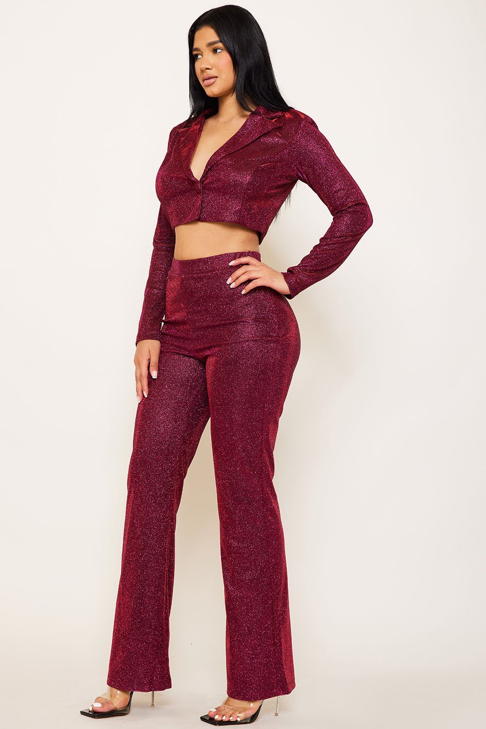 Glittered Fabric Suit - Women's Two Piece Outfit With Collared V Neck Top & Wide Leg Pants BOUTINIE