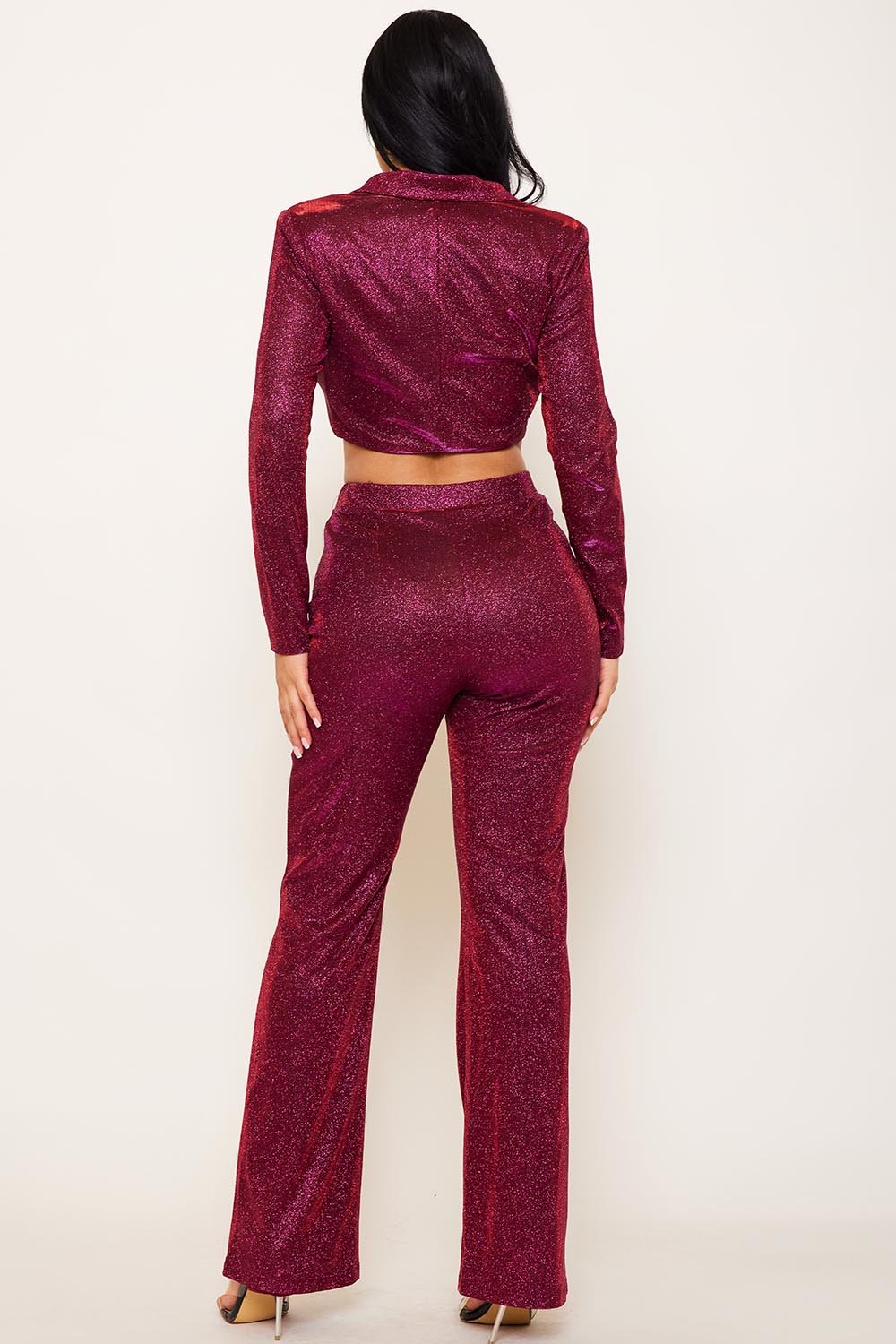 Glittered Fabric Suit - Women's Two Piece Outfit With Collared V Neck Top & Wide Leg Pants BOUTINIE