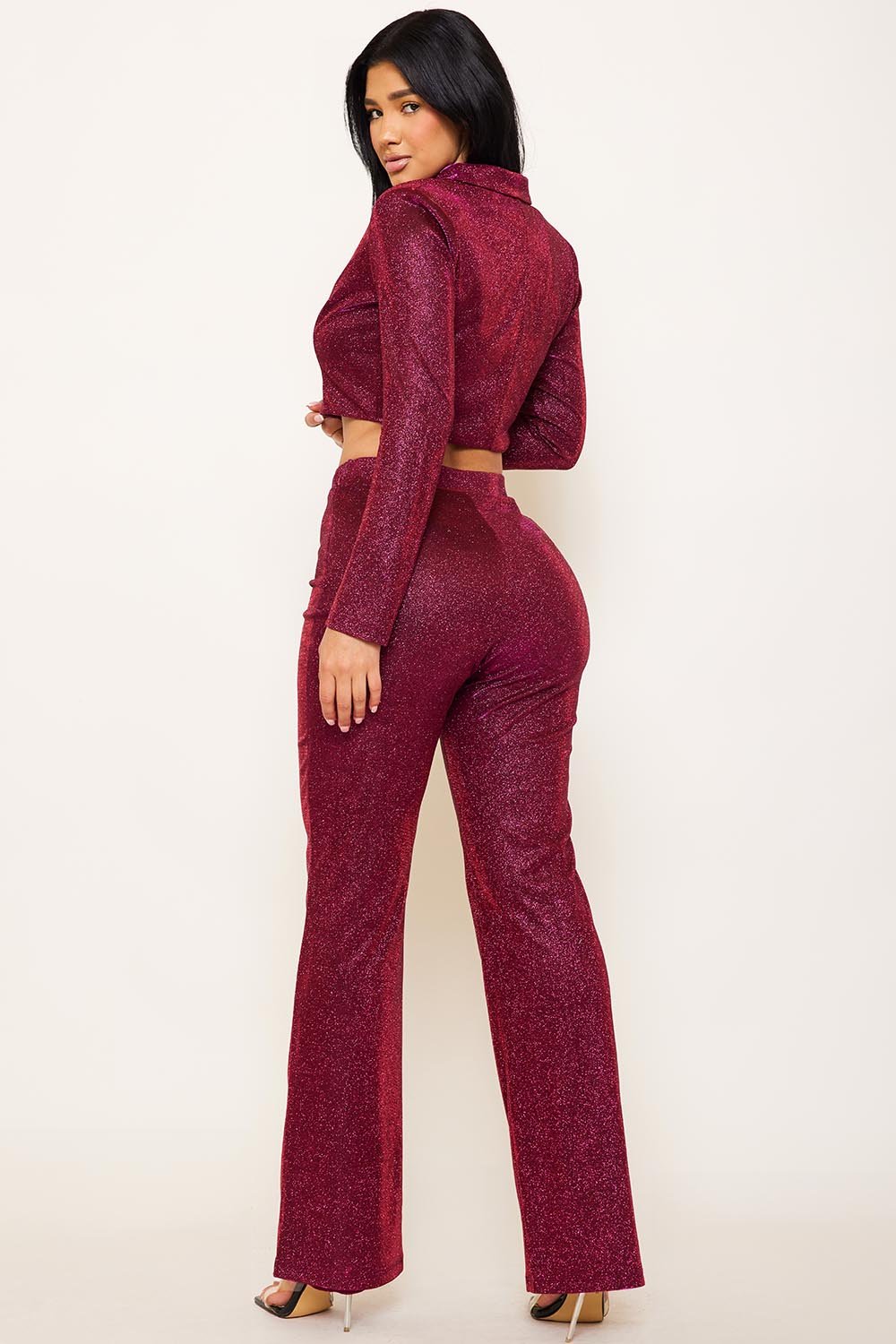 Glittered Fabric Suit - Women's Two Piece Outfit With Collared V Neck Top & Wide Leg Pants BOUTINIE