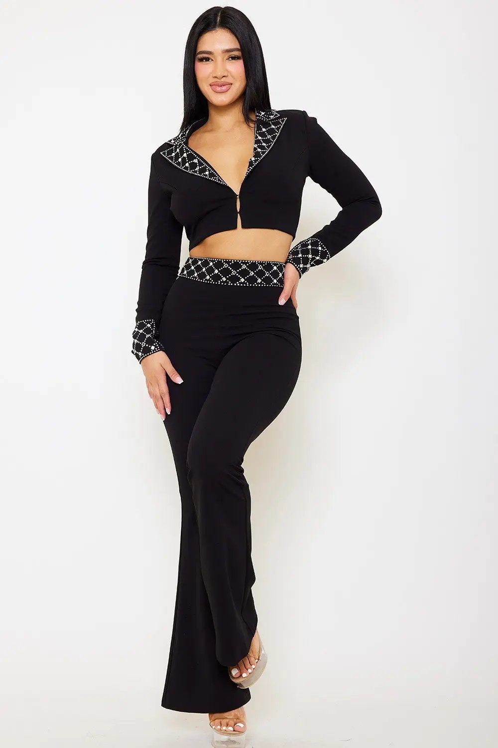 Rhinestone 2 Piece Suit – Women's Formal Bell Bottom Pants Set BOUTINIE